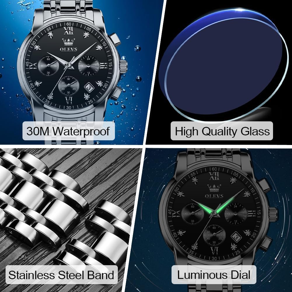 HOTOLEVS Men's Stainless Steel Chronograph Watch, Big Face Gold Silver Black Tone Easy to Read Analog Quartz Watch, Luxury Waterproof Date Diamond Roman Arabic Numerals Dial Dress Watch for Men