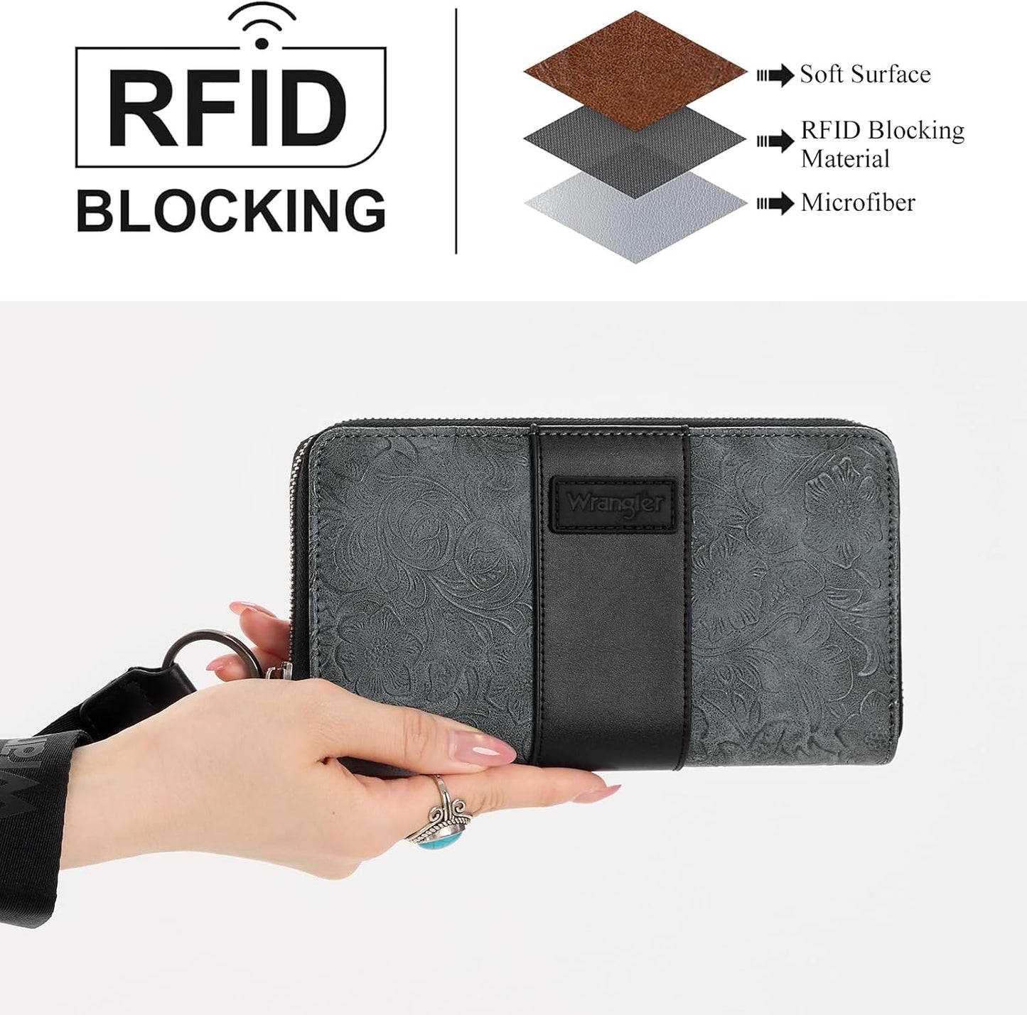 HOTMontana West Wrangler Black Wallet for Women Tooled Floral Zip Around Clutch Wallet RFID Blocking Keychain Credit Card Holder