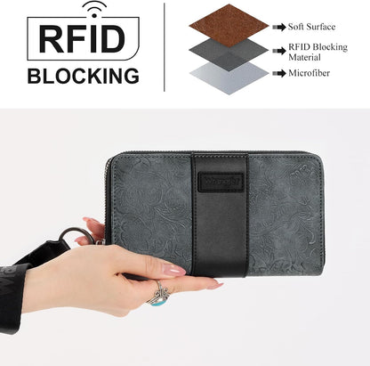 HOTMontana West Wrangler Black Wallet for Women Tooled Floral Zip Around Clutch Wallet RFID Blocking Keychain Credit Card Holder