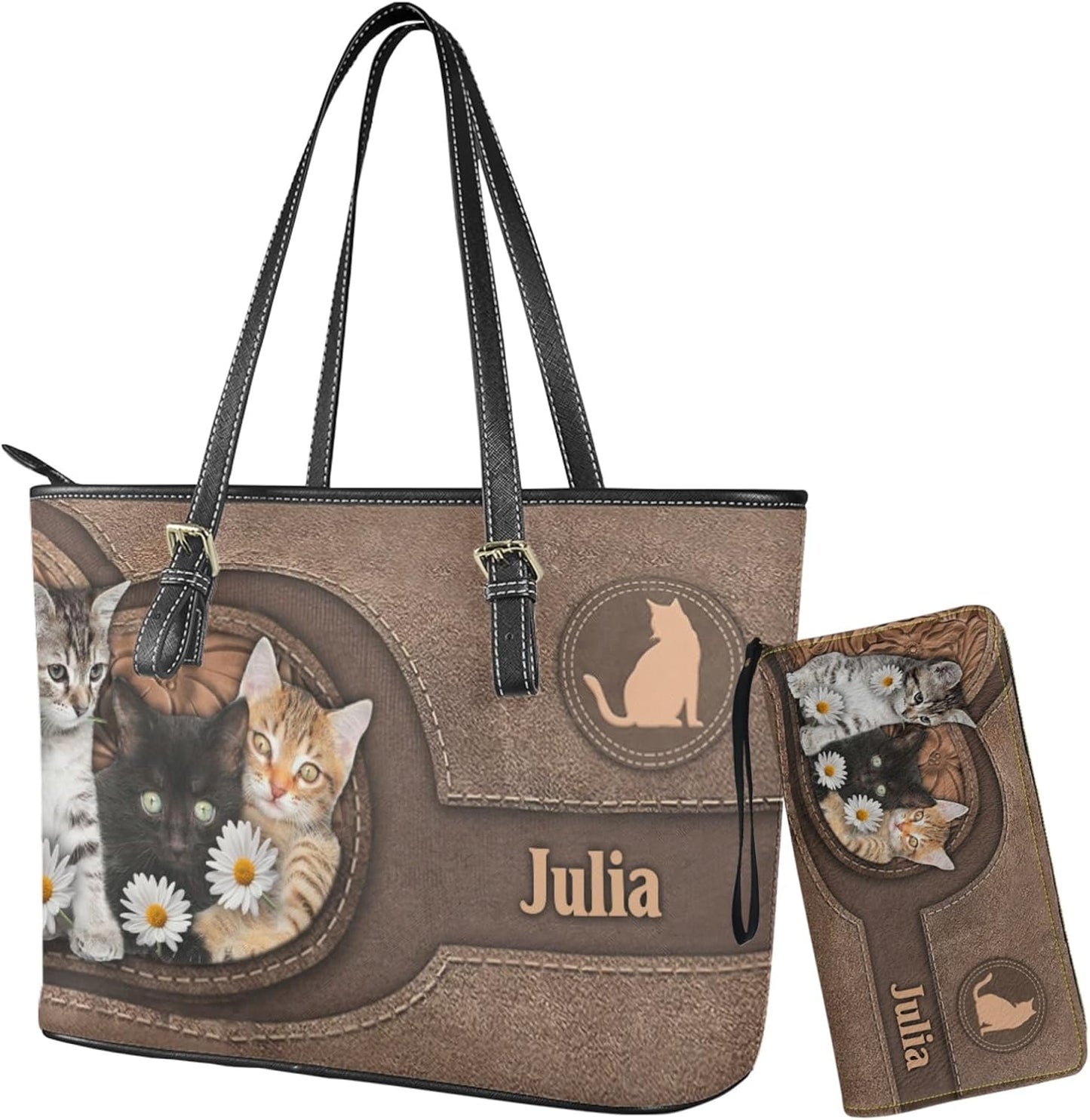 HOTTuoxiukan Personalized Womens Purses And Handbags With Wallet 2 Pieces Ladies Cat Wristlet Wallets Purse 2 IN 1 Waterproof Custom Name Tote Bags PU Leather, Customized Birthday Gifts for Cat Lovers