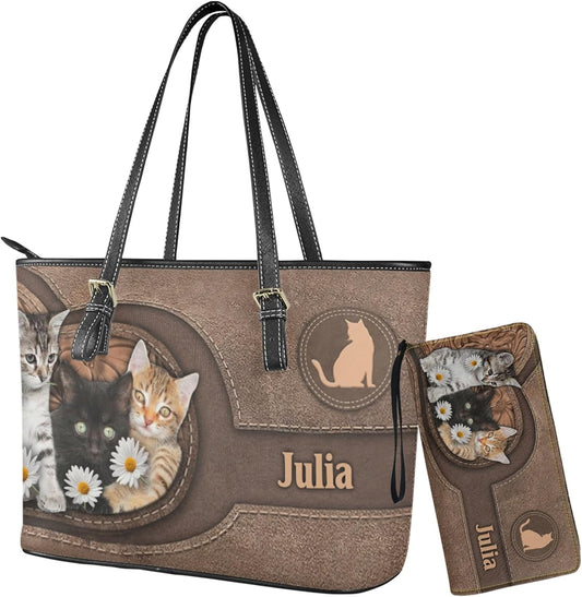 HOTTuoxiukan Personalized Womens Purses And Handbags With Wallet 2 Pieces Ladies Cat Wristlet Wallets Purse 2 IN 1 Waterproof Custom Name Tote Bags PU Leather, Customized Birthday Gifts for Cat Lovers