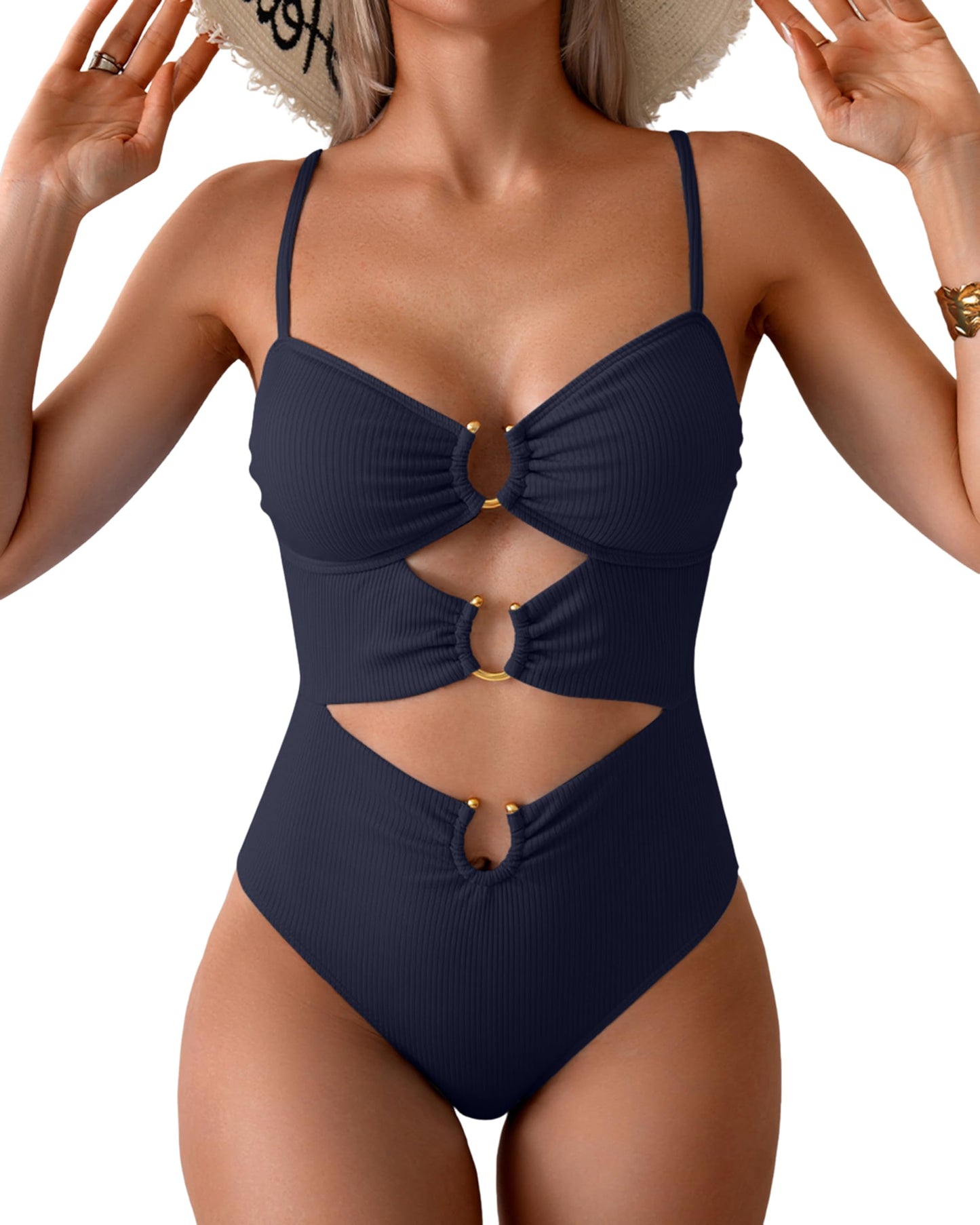 HOTEomenie Womens Cutout One Piece Swimsuit Sexy Bathing Suit | Ring Linked, Adjustable Spaghetti Straps, Bra Support, Soft Removable Cups, Monokini for Beach Vacation, Pool Side