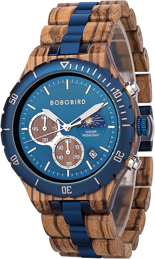 HOTBOBO BIRD Mens Quartz Wooden Watches Stainless Steel Red Sandalwood Alloy Wood Watch for Male Classic Function Wristwatch Chronograph Luminous Hands Day and Night Date Display