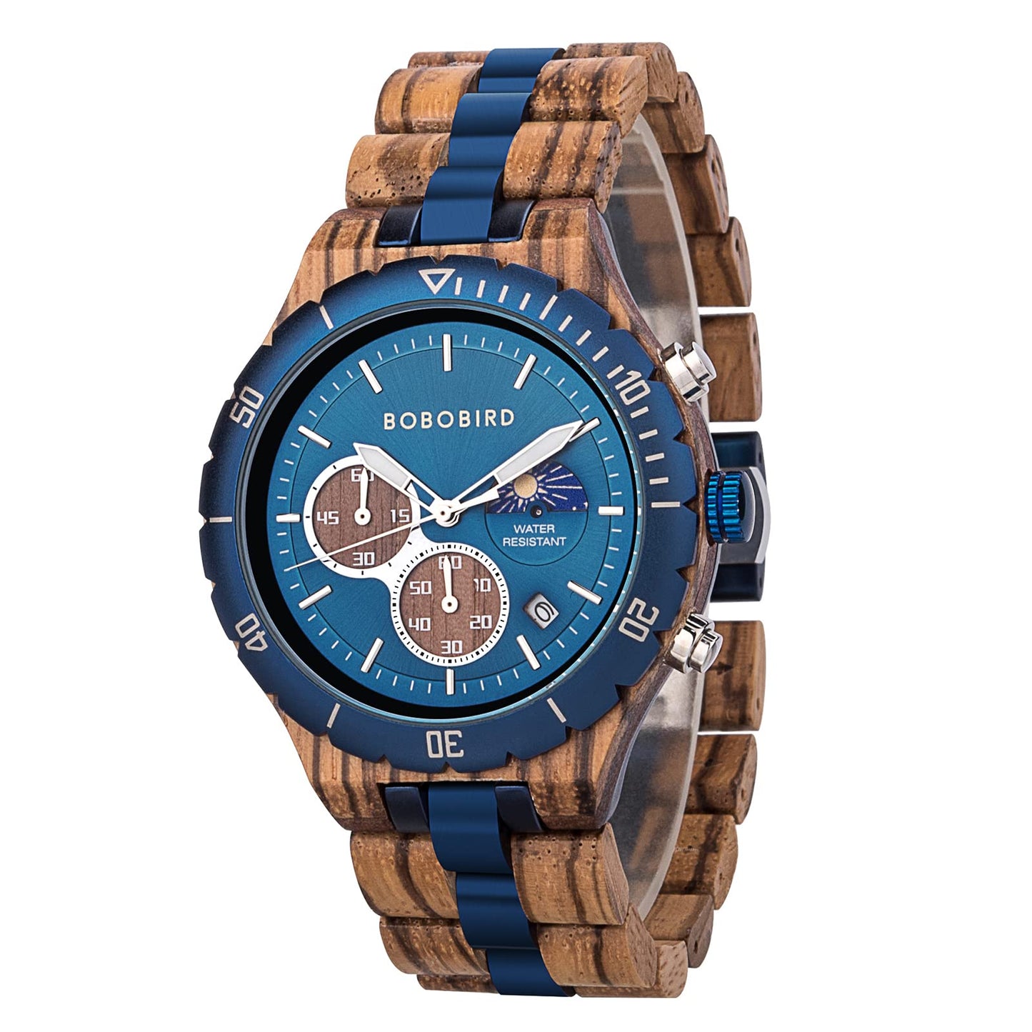 HOTBOBO BIRD Mens Quartz Wooden Watches Stainless Steel Red Sandalwood Alloy Wood Watch for Male Classic Function Wristwatch Chronograph Luminous Hands Day and Night Date Display