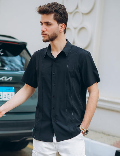 HOTCOOFANDY Mens Cuban Guayabera Shirt Short Sleeve Button Down Shirts Summer Beach Vacation Shirts
