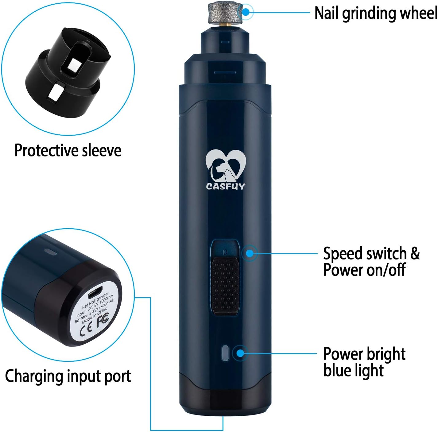 HOTCasfuy Dog Nail Grinder Upgraded - Professional 2-Speed Whisper-Quiet Electric Pet Nail Trimmer Painless Paws Grooming & Smoothing for Small Medium Large Dogs & Cats (Dark Blue)