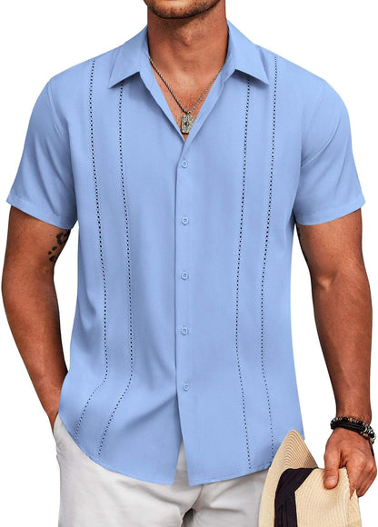 HOTCOOFANDY Mens Cuban Guayabera Shirt Short Sleeve Button Down Shirts Summer Beach Vacation Shirts