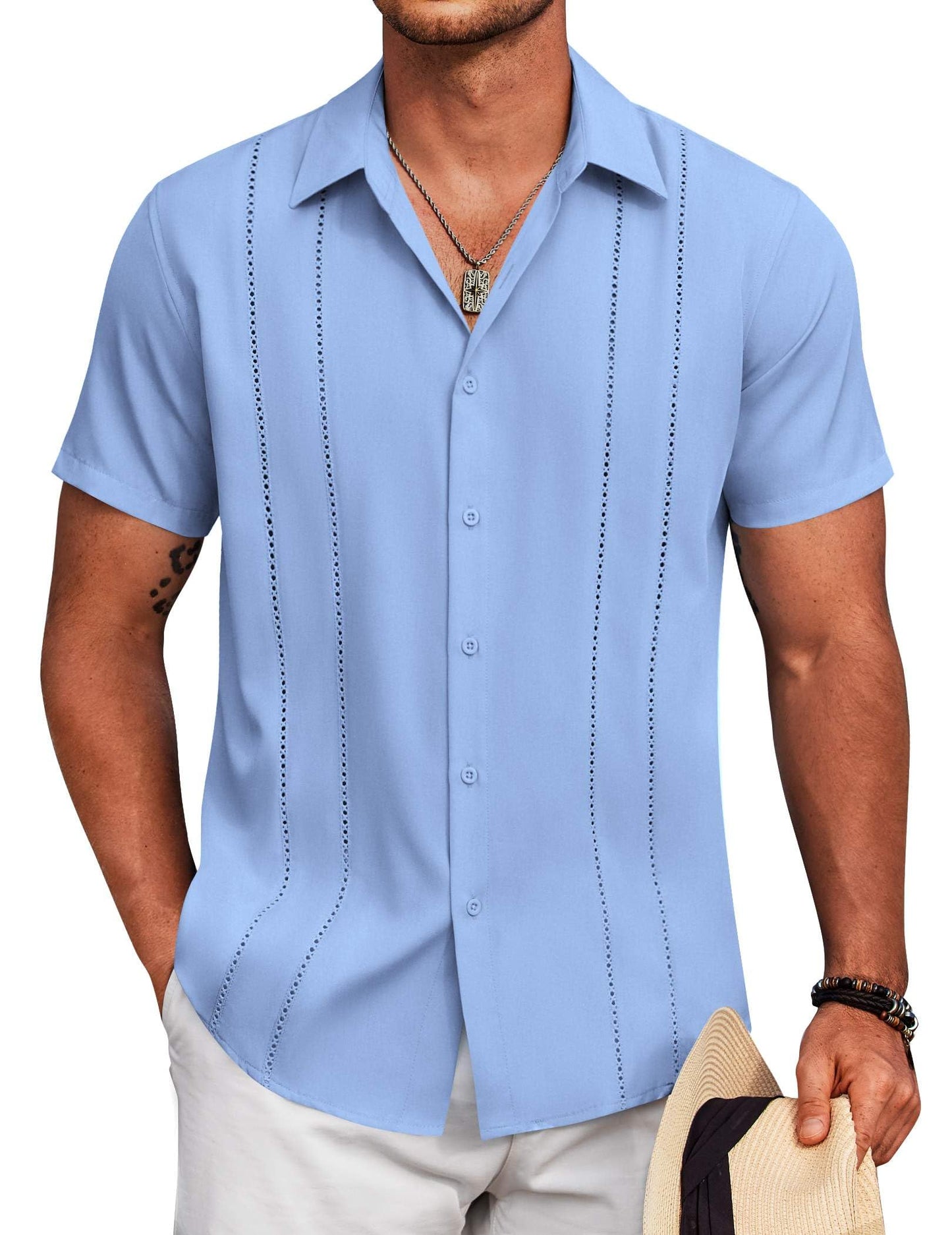 HOTCOOFANDY Mens Cuban Guayabera Shirt Short Sleeve Button Down Shirts Summer Beach Vacation Shirts