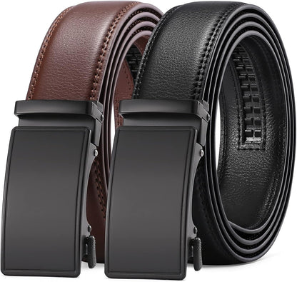 HOTSENDEFN 2 Pack Ratchet Belt Men, Men Leather Belts in Gift Set Box for Dress Casual, Size Adjustable Trim to Fit