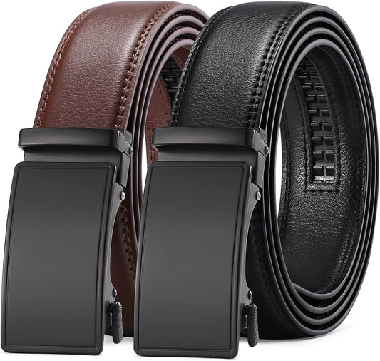 HOTSENDEFN 2 Pack Ratchet Belt Men, Men Leather Belts in Gift Set Box for Dress Casual, Size Adjustable Trim to Fit
