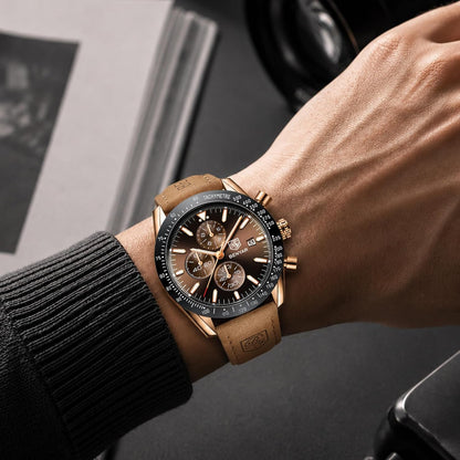 HOTBENYAR Mens Watches Quartz Movement Chronograph Leather Strap Fashion Business Sport Design 30M Waterproof Scratch Resistant Elegant Gifts for Men