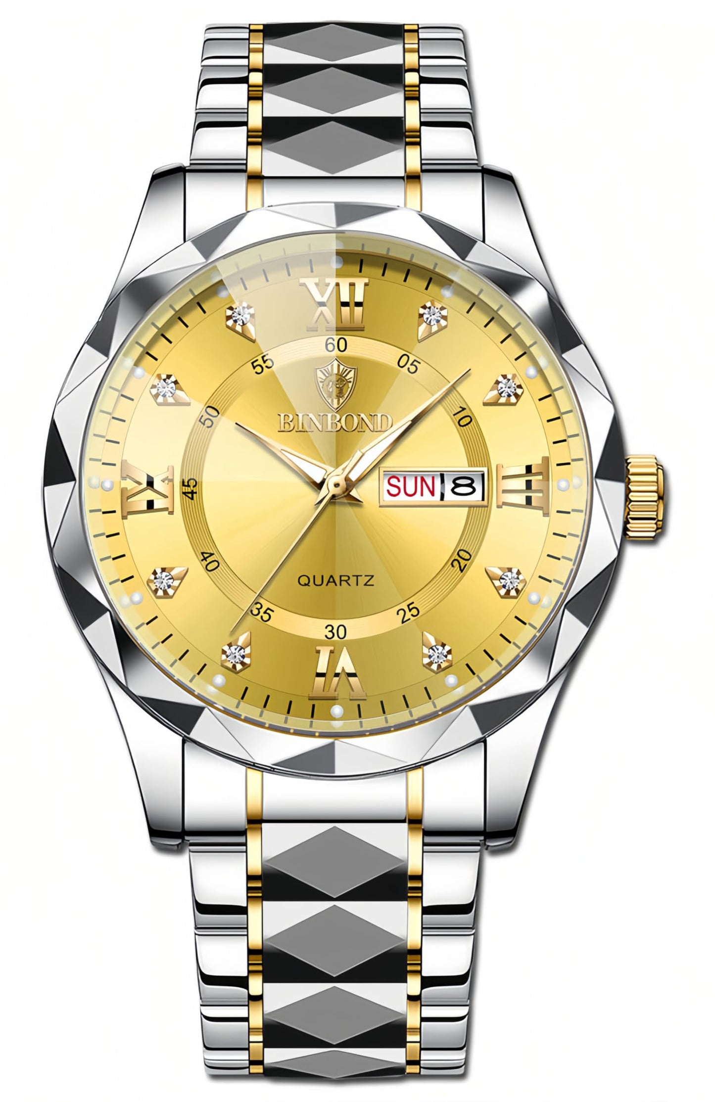 HOTGosasa Luxury Men's and Women's Business Diamond Stainless Steel Waterproof Roman Numeral Analog Quartz Watch with Day-Date Calendar, Gold and Silver Tone