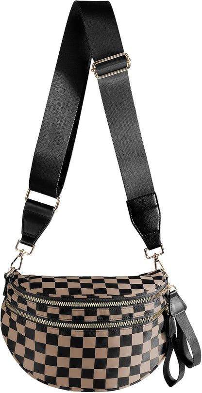 HOTBlack and White Checkered Crossbody Bag Bum Bag for Women,Spacious Checkered Purse Fanny Packs Belt Bag