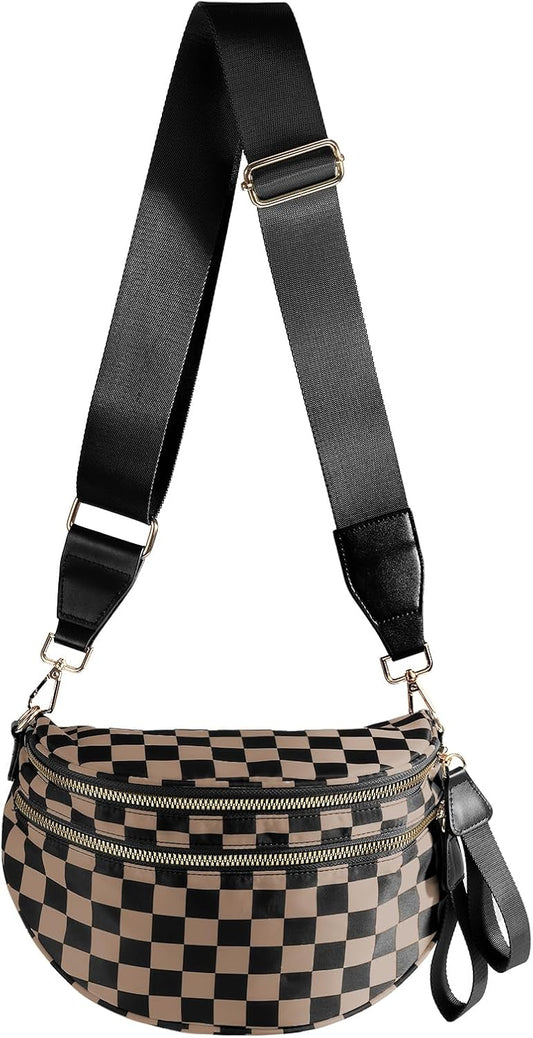 HOTBlack and White Checkered Crossbody Bag Bum Bag for Women,Spacious Checkered Purse Fanny Packs Belt Bag