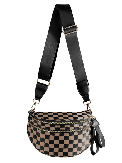 HOTBlack and White Checkered Crossbody Bag Bum Bag for Women,Spacious Checkered Purse Fanny Packs Belt Bag