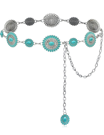 HOTTurquoise Chain Belt for Women, Western Cowgirl Concho Belt | Turquoise Concho Accents with Silver Chains for Western, Cowgirl, Rodeo, Festival and Denim Looks
