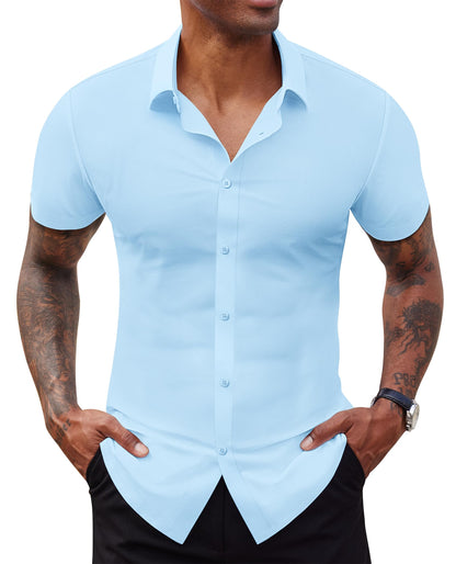 HOTLion Nardo Stretch Dress Shirts for Men Short Sleeve Slim Fit Casual Button Down Shirts Muscle Fit Men's Dress Shirts