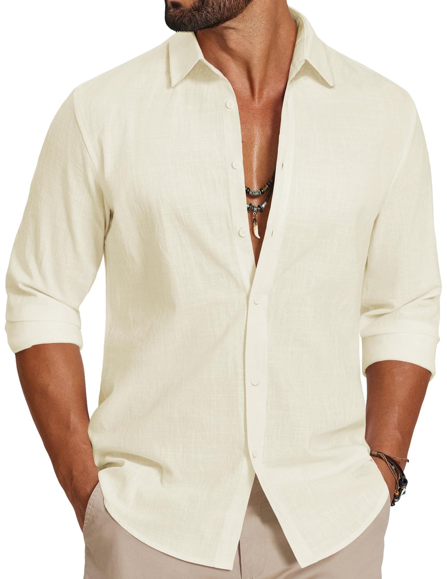 HOTCOOFANDY Men's Casual Button Down Shirts Long Sleeve Cotton Beach Wedding Shirt Summer Linen Shirt for Men