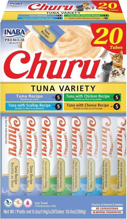 HOTINABA Churu Cat Treats, Lickable, Squeezable Creamy Purée Cat Treat with Green Tea Extract & Taurine, 0.5 Ounces Each Tube, 20 Tubes, Tuna Variety Box
