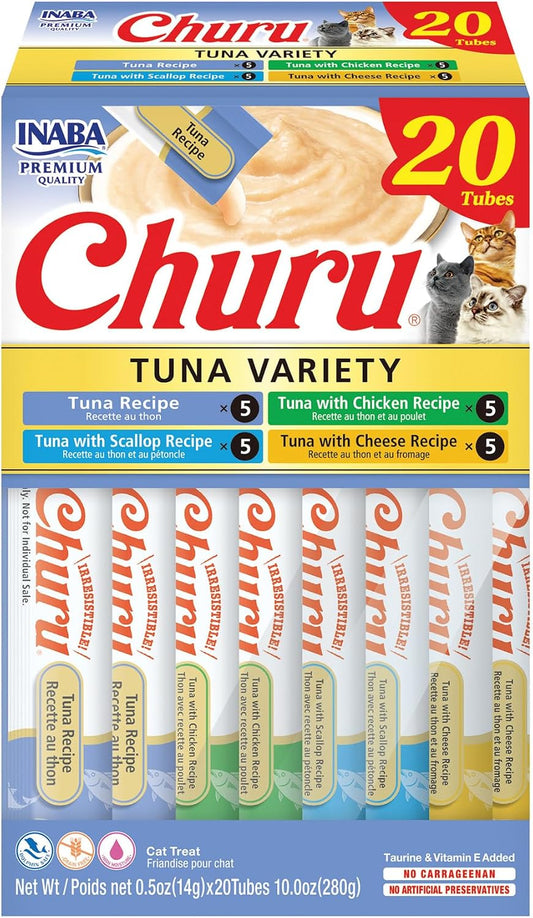 HOTINABA Churu Cat Treats, Lickable, Squeezable Creamy Purée Cat Treat with Green Tea Extract & Taurine, 0.5 Ounces Each Tube, 20 Tubes, Tuna Variety Box