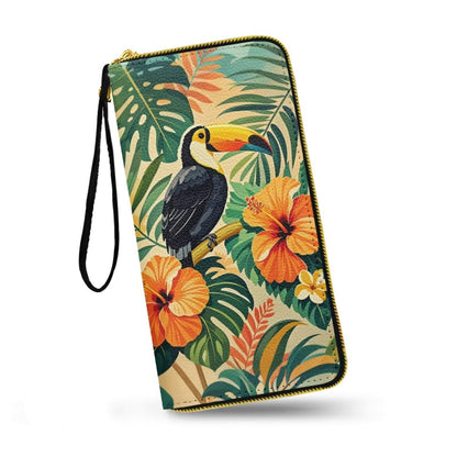 HOTHawaii Totem Flowers PU Leather Ladies Wallet Wristlet, Tropical Hawaiian Tiki Art Zip Around Wallets for Women, Brown Large Capacity Card Holder Organizer