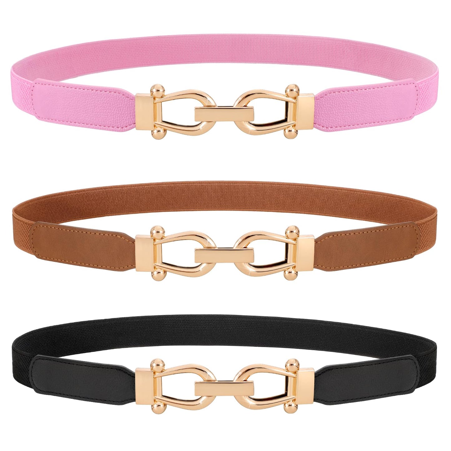 HOTWERFORU 3 Pack Women Skinny Elastic Waist Belt Gold Buckle Stretchy Thin Belt for Jeans Dress