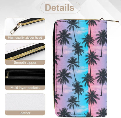 HOTUnisex Large Capacity Leather Wallet Purple Sky Palm Trees, Secure Lightweight Printed Design, Portable Purse for Daily Use & Outdoor Activities