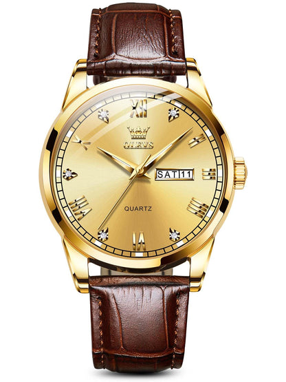 HOTOLEVS Mens Watch Brown Leather Band Dress Watch for Men Quartz Waterproof Men's Wrist Watch 38MM Gold Case Easy to Read Day Date Business Casual Men Watches Gifts for Him Relojes para Hombres