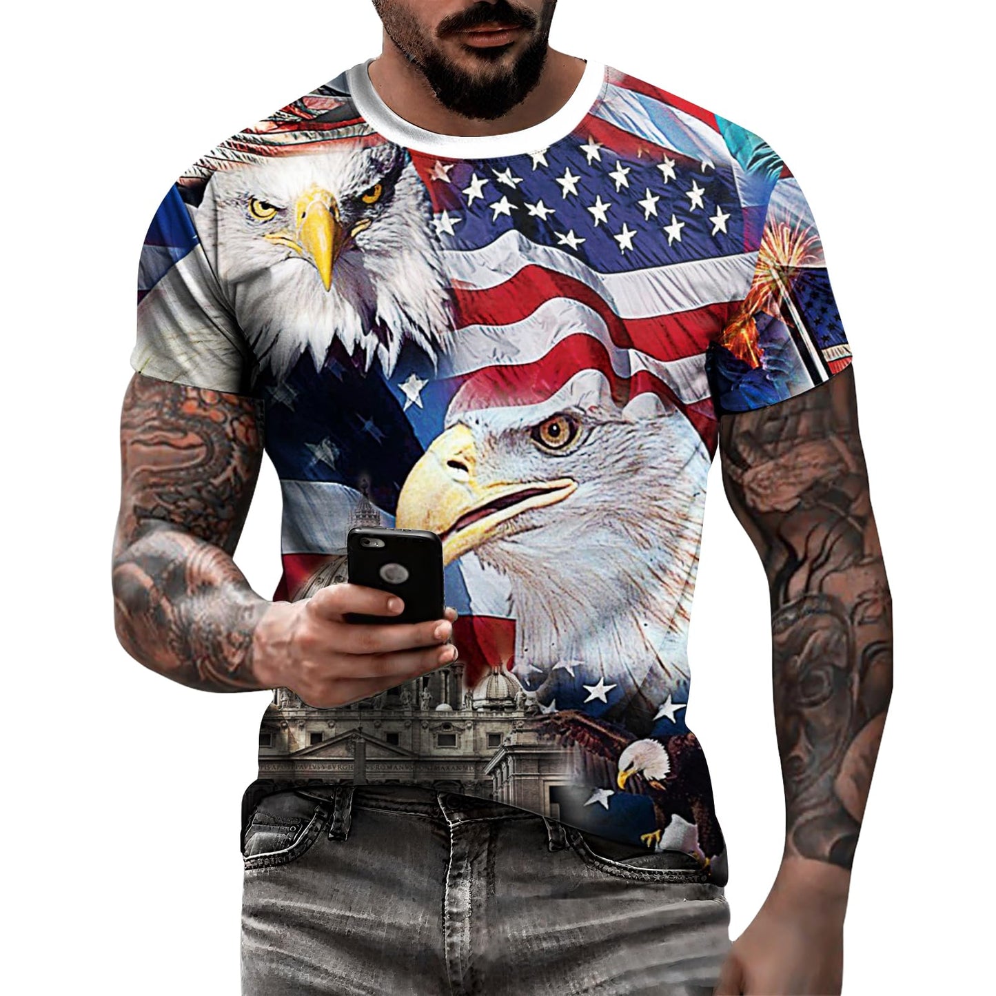 HOTEciodci Men's American USA Flag Patriotic T-Shirts 4th of July Shirts US Eagle Flag Soft Summer Short Sleeve Shirt for Men