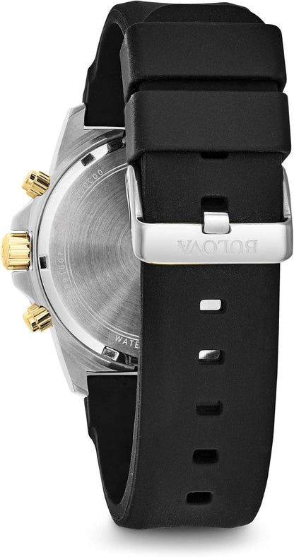 HOTBulova Men's Marine Star Series A Two-Tone Gold Ion-Plated Stainless Steel 6-Hand Chronograph Quartz Watch, Black Silicone Strap, 44mm Style: 98B277