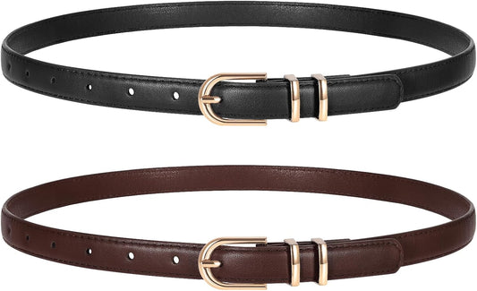 HOTTRIWORKS 2 Pack Women Skinny Leather Belts for Jeans Pants Thin Faux Leather Belt with Gold Buckle