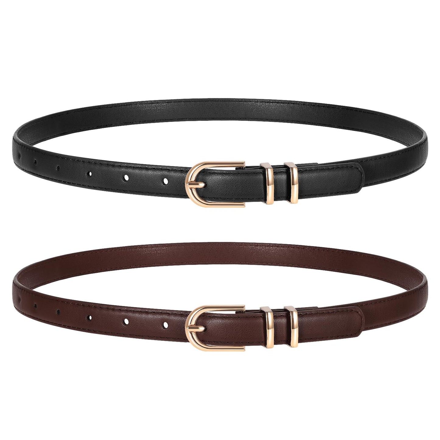 HOTTRIWORKS 2 Pack Women Skinny Leather Belts for Jeans Pants Thin Faux Leather Belt with Gold Buckle