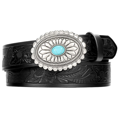 HOTXZQTIVE Women Western Leather Belt Vintage Country Belts For Cowgirl Jeans Dresses Ladies Concho Belt With Turquoise Buckle