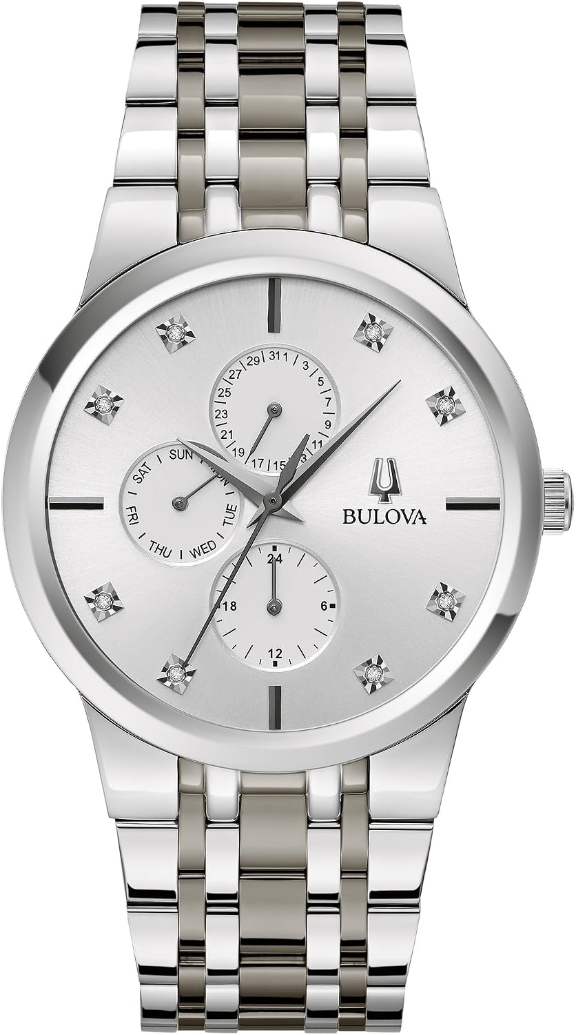 HOTBulova Men's Multi-Function 3-Hand Quartz Watch with Diamond Dial, Edge to Edge Crystal