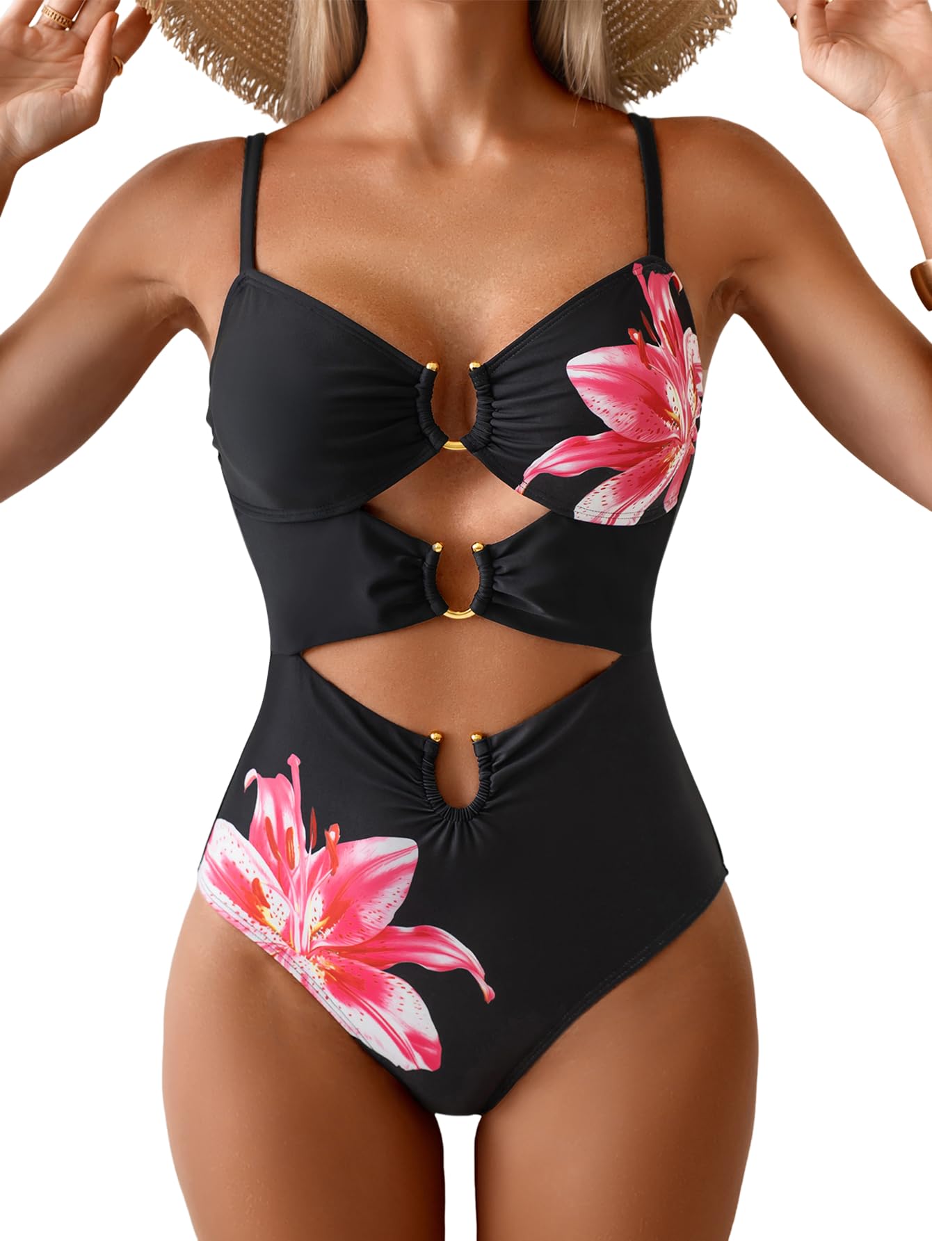 HOTEomenie Womens Cutout One Piece Swimsuit Sexy Bathing Suit | Ring Linked, Adjustable Spaghetti Straps, Bra Support, Soft Removable Cups, Monokini for Beach Vacation, Pool Side