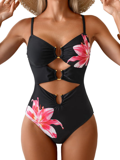 HOTEomenie Womens Cutout One Piece Swimsuit Sexy Bathing Suit | Ring Linked, Adjustable Spaghetti Straps, Bra Support, Soft Removable Cups, Monokini for Beach Vacation, Pool Side