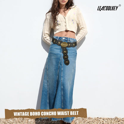 HOTLEACOOLKEY Hollow Western Disc Belt for Dress Boho Concho Belt Vintage Country Waist Belts for Women