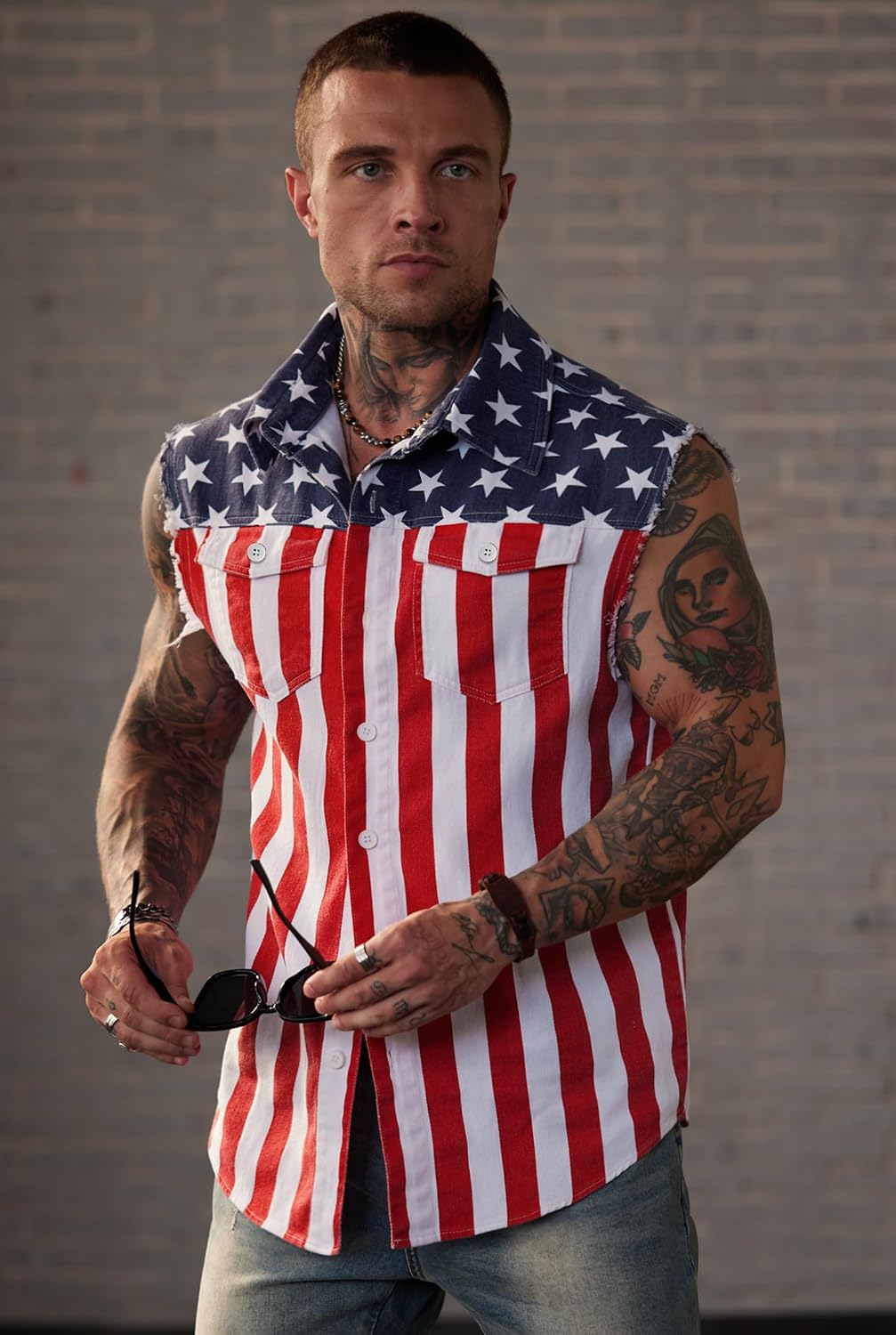 HOTMainfini Men's American Flag Denim Vest 4th of July Sleeveless Jacket With Pockets (S-XXL)