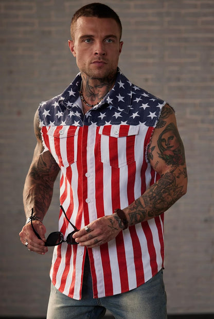 HOTMainfini Men's American Flag Denim Vest 4th of July Sleeveless Jacket With Pockets (S-XXL)