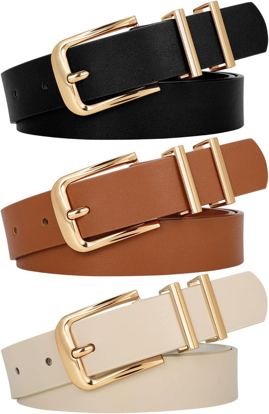 HOTWERFORU 3 PACK Women Belt Women Fashion Leather Belts for Jeans Pants Ladies Belts with Gold Buckle