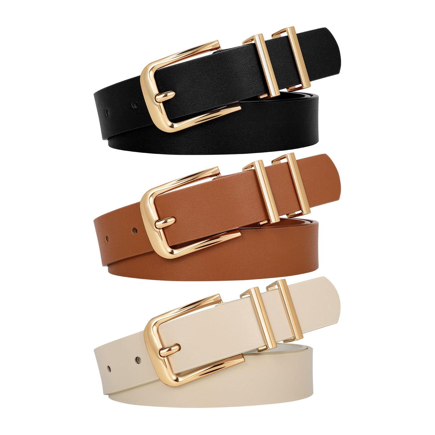 HOTWERFORU 3 PACK Women Belt Women Fashion Leather Belts for Jeans Pants Ladies Belts with Gold Buckle