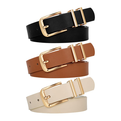 HOTWERFORU 3 PACK Women Belt Women Fashion Leather Belts for Jeans Pants Ladies Belts with Gold Buckle