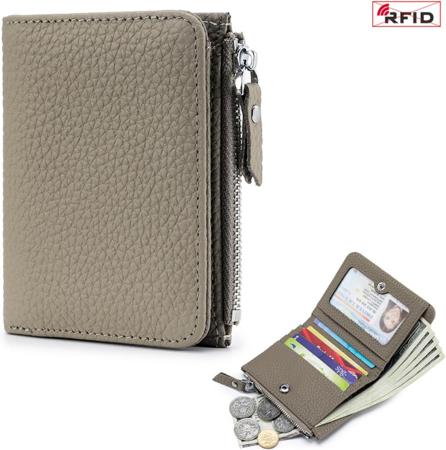 HOTGenuine Leather Womens RFID Blocking Bifold Wallet Zipper Pocket ID Window | Multi Card Slots for Credit Cards, Separate Cash & Coin Zipper Pocket, Anti-theft RFID Shielding Purse for Women