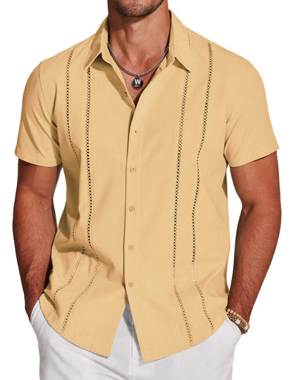 HOTCOOFANDY Men's Cuban Guayabera Shirt Short Sleeve Button Down Shirts Casual Summer Beach Linen Shirts