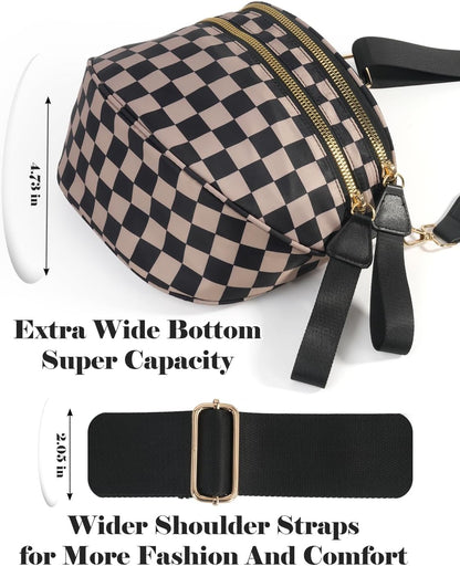 HOTBlack and White Checkered Crossbody Bag Bum Bag for Women,Spacious Checkered Purse Fanny Packs Belt Bag