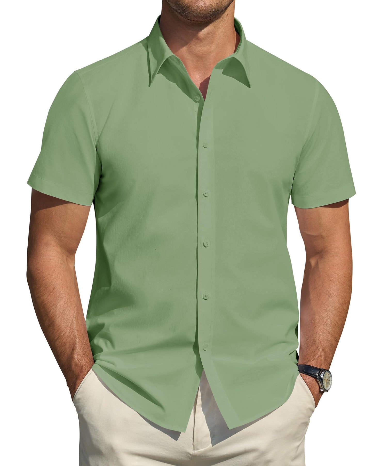 HOTJ.VER Men's Short Sleeve Dress Shirts Stretch Stain Shield Casual Button Down Shirts Solid Formal Shirt
