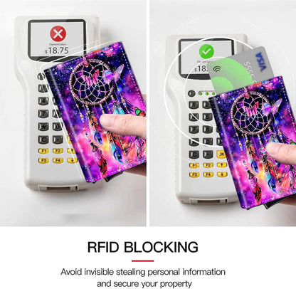 HOTPop Up Wallet Women Men with Money Slot,RFID Blocking Leather Minimalist Automatic Credit Card Holder Business Trifold Card Case-Purple Dream Catcher