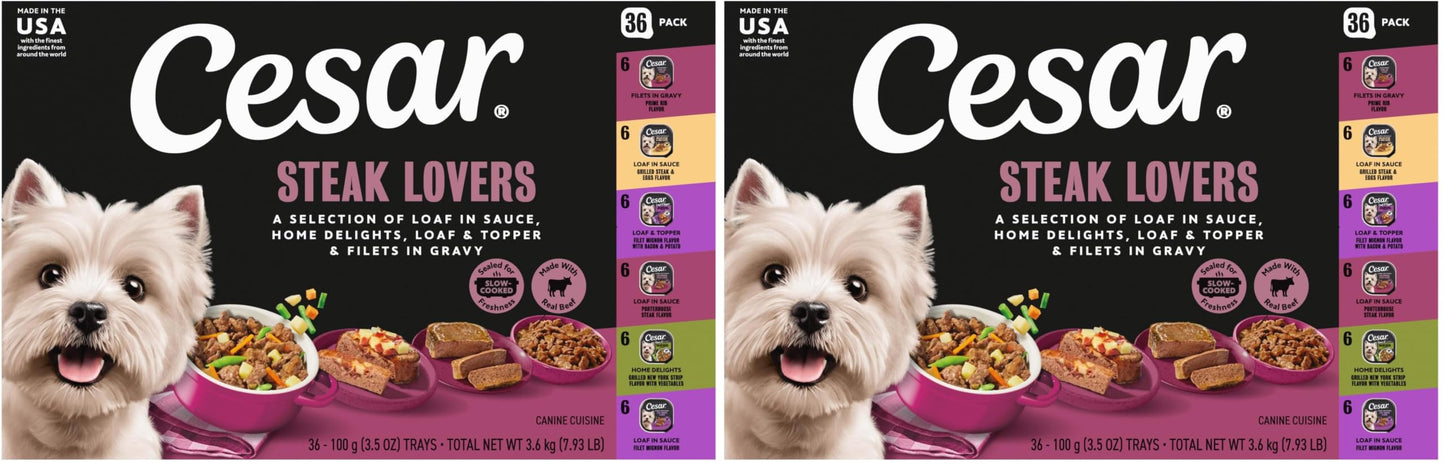 HOTCesar Wet Dog Food, Steak Lovers Variety Pack, 3.5 oz, 36 Count | Real meat #1 ingredient, easy peel trays, 100% complete & balanced, no fillers, no added sugar, no artificial flavors