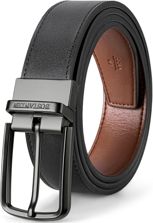 HOTBOSTANTEN Belt Men Leather Reversible Belts for Men 1 3/8" for Casual Golf Dress Pants, Two-in-One Belt Gift