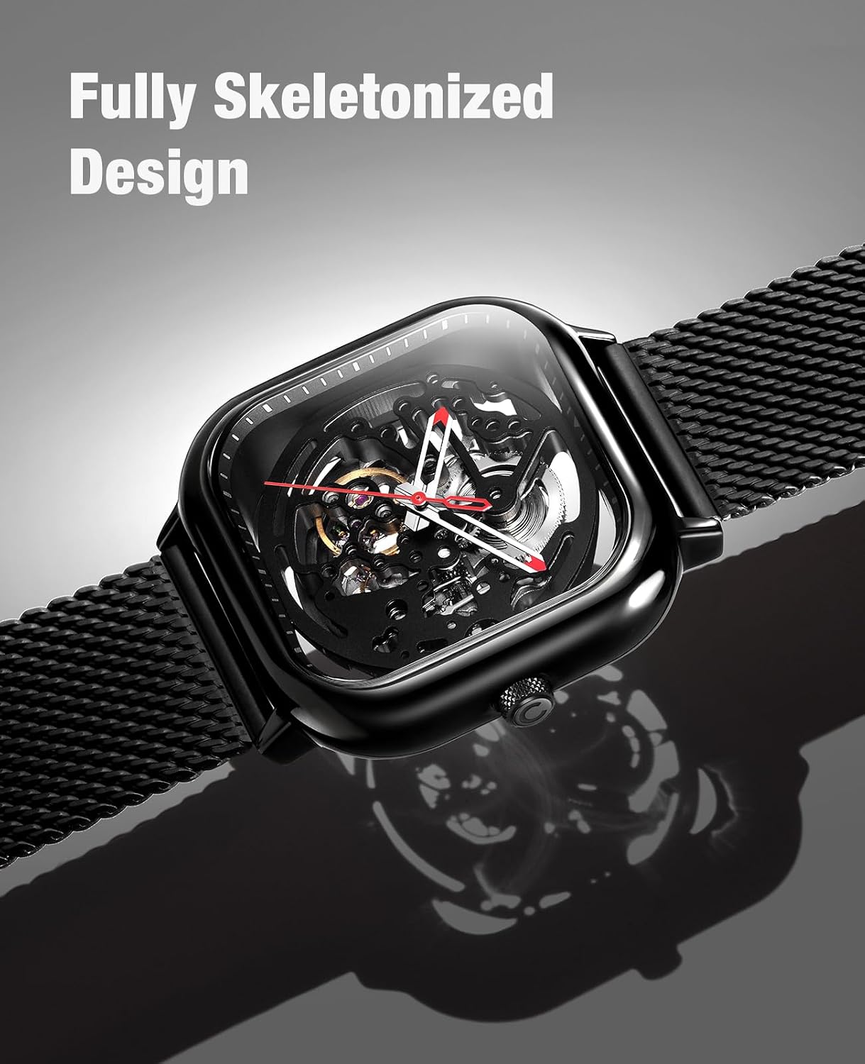 HOTCIGA Design Automatic Mechanical Watch C Series Skeleton Analog Wrist Watch with Milanese Strap Sapphire Crystal Mirror Gifts for Men and Women